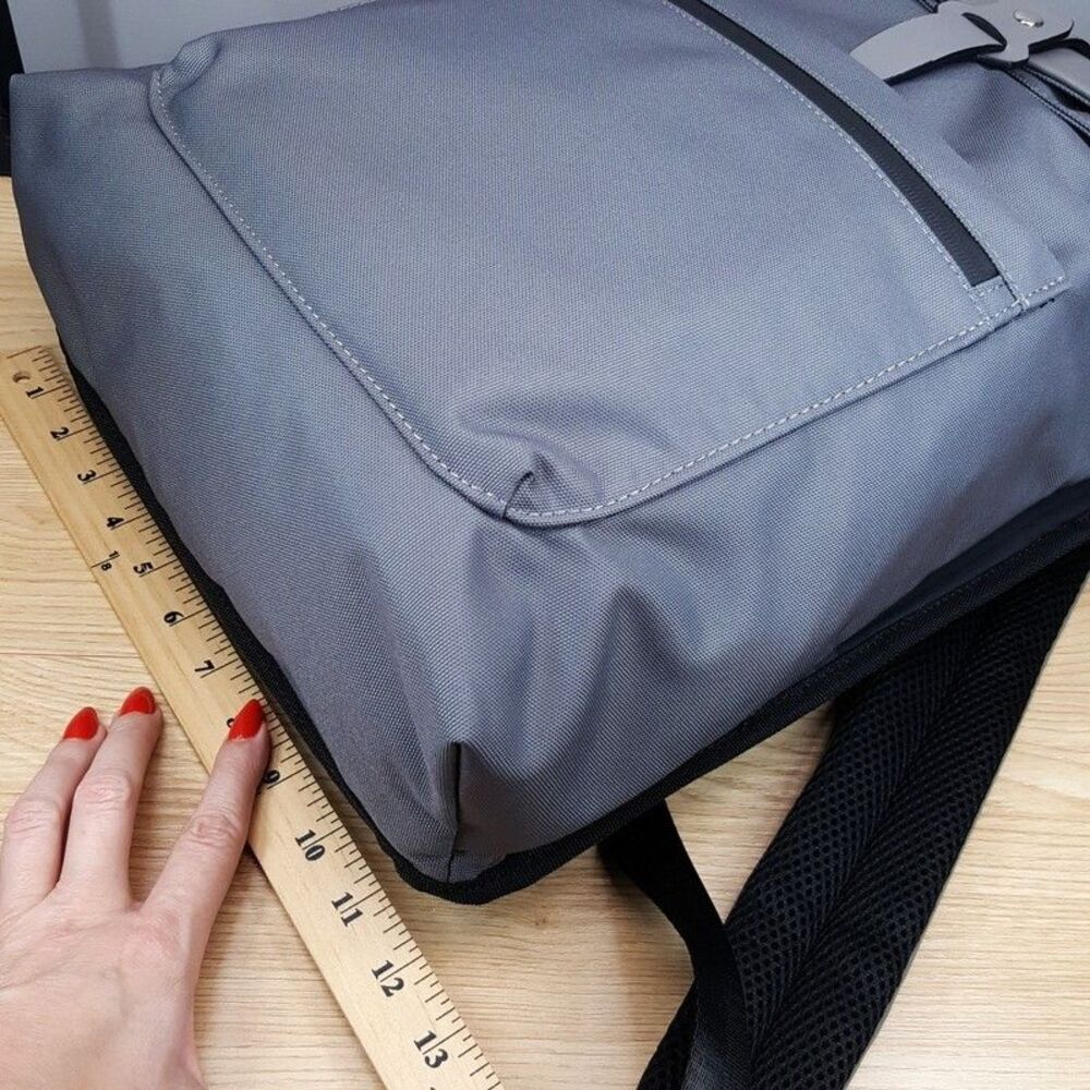 ALFANI Backpack Grey Canvas Roll Top Backpack Faux Leather Trim Laptop Sleeve - Picture 12 of 13